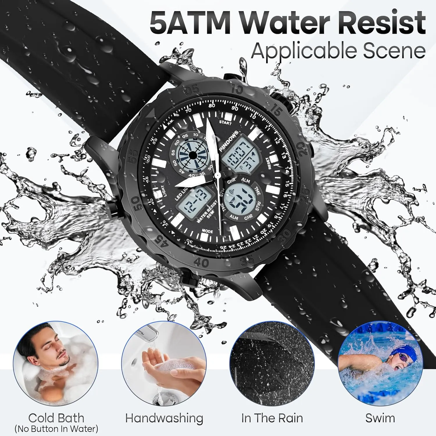 Watch for Men Watches Sport Military Waterproof Watches Analog Digital Watches Stainless Steel Watches with Alarm Stopwatch LED Light Hourly Chime Multi-Function Wristwatch