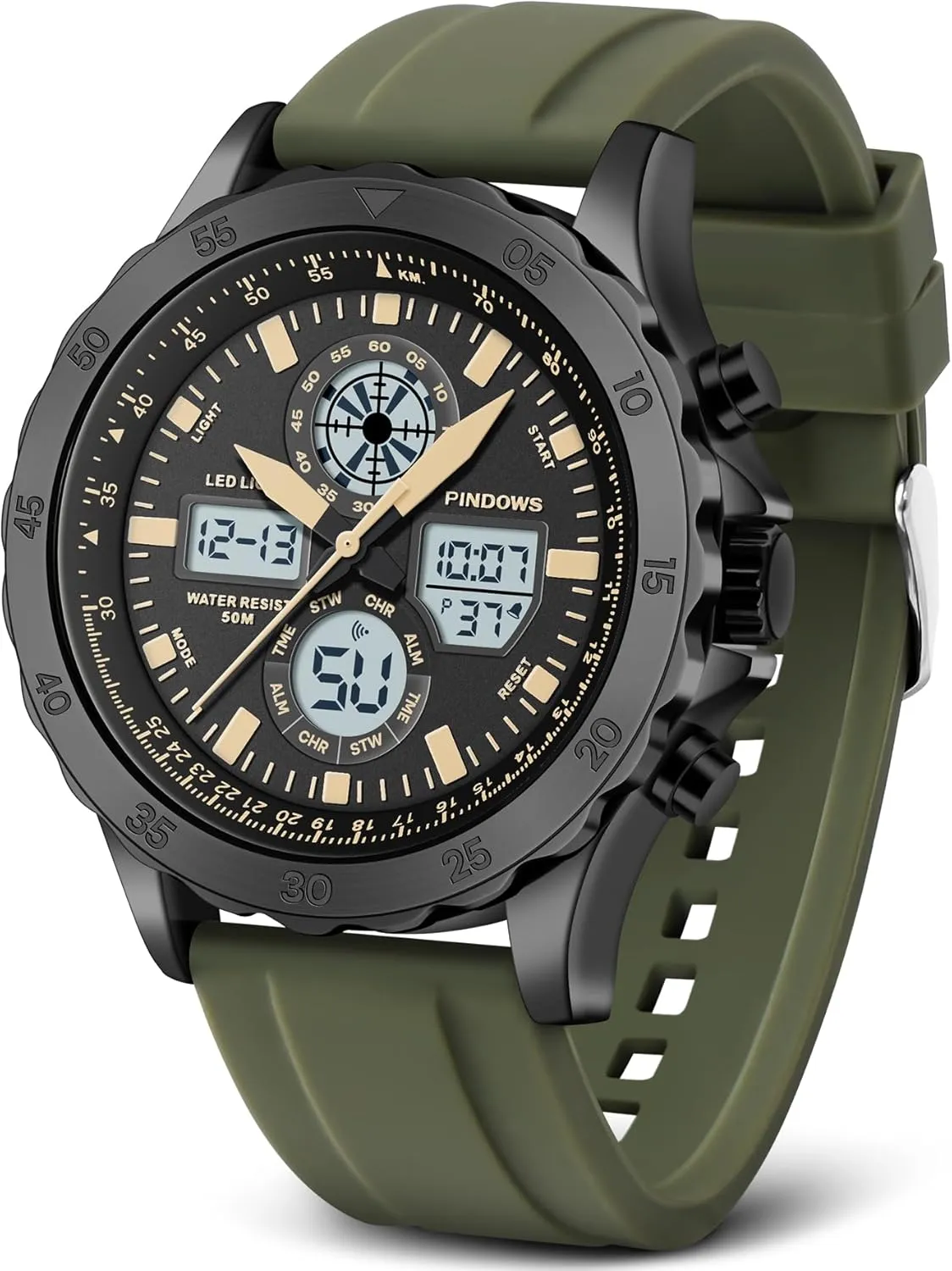 Watch for Men Watches Sport Military Waterproof Watches Analog Digital Watches Stainless Steel Watches with Alarm Stopwatch LED Light Hourly Chime Multi-Function Wristwatch