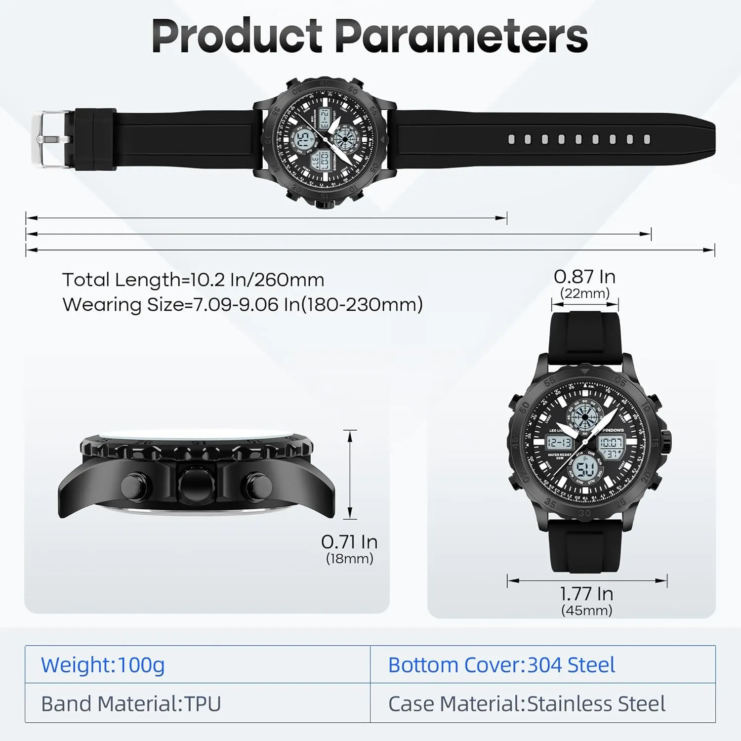 Watch for Men Watches Sport Military Waterproof Watches Analog Digital Watches Stainless Steel Watches with Alarm Stopwatch LED Light Hourly Chime Multi-Function Wristwatch