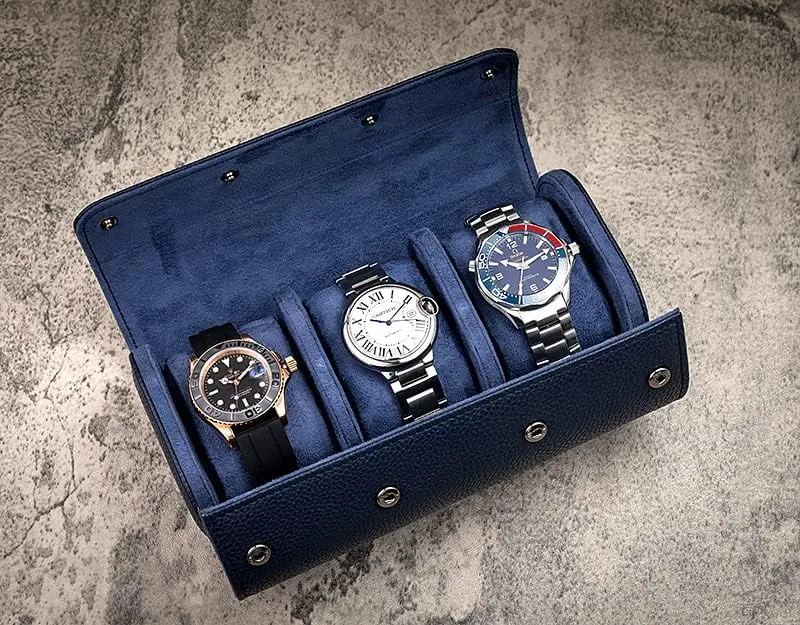 Watch Roll for Travel, Watch Storage Organizer and Display, Travel Case Watch Roll for Men and Women (3 Watch Roll, Navy)