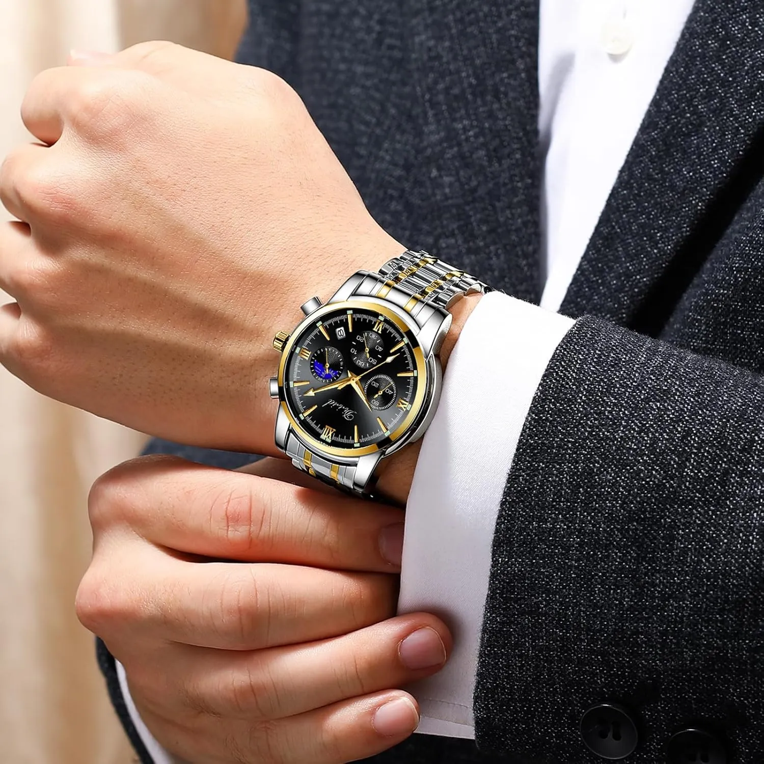 Watches for Men, Business Dress Mens Watches Chronograph Analog Quartz Stainless Steel Waterproof Luminous Date Luxury Casual Wrist Watch