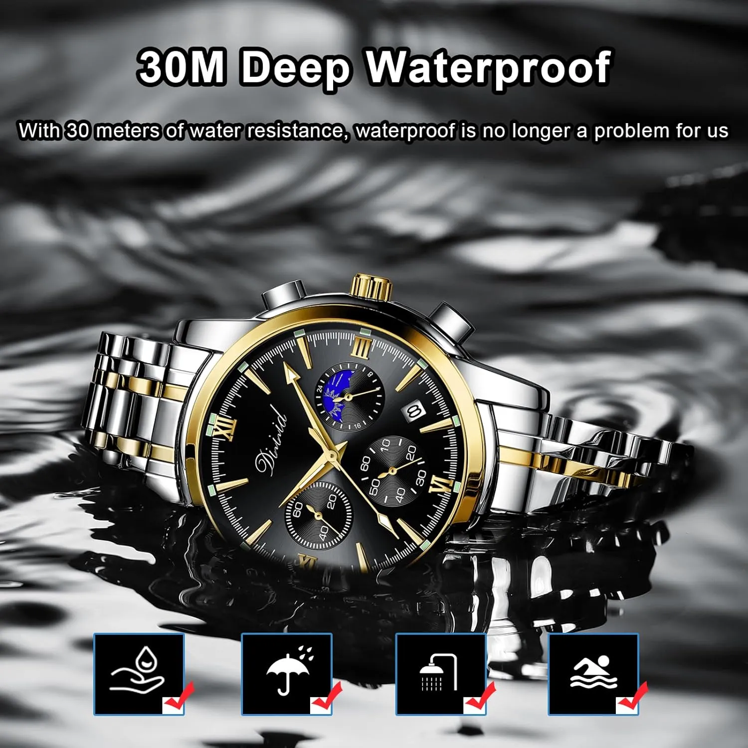 Watches for Men, Business Dress Mens Watches Chronograph Analog Quartz Stainless Steel Waterproof Luminous Date Luxury Casual Wrist Watch