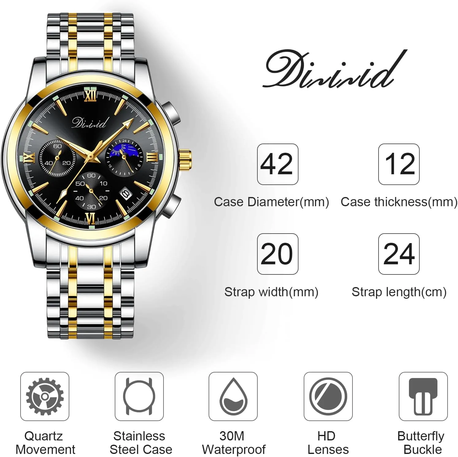 Watches for Men, Business Dress Mens Watches Chronograph Analog Quartz Stainless Steel Waterproof Luminous Date Luxury Casual Wrist Watch