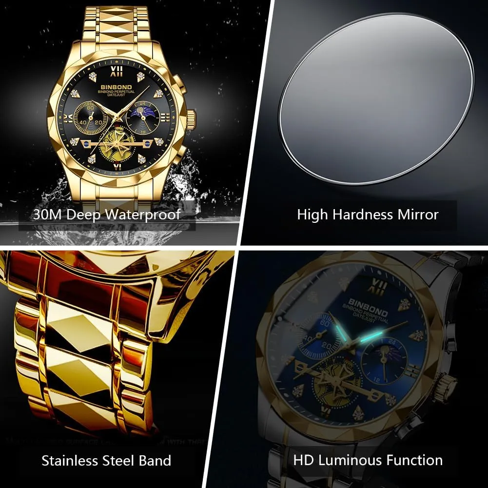 Watches for Men Stainless Steel Luxury Dress Business Diamond Roman Numeral Big Face Dial Multifunction Chronograph Mens Wrist Watch Waterproof Luminous