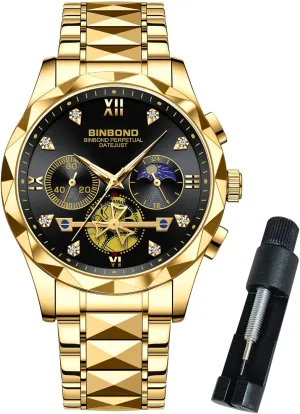 Watches for Men Stainless Steel Luxury Dress Business Diamond Roman Numeral Big Face Dial Multifunction Chronograph Mens Wrist Watch Waterproof Luminous