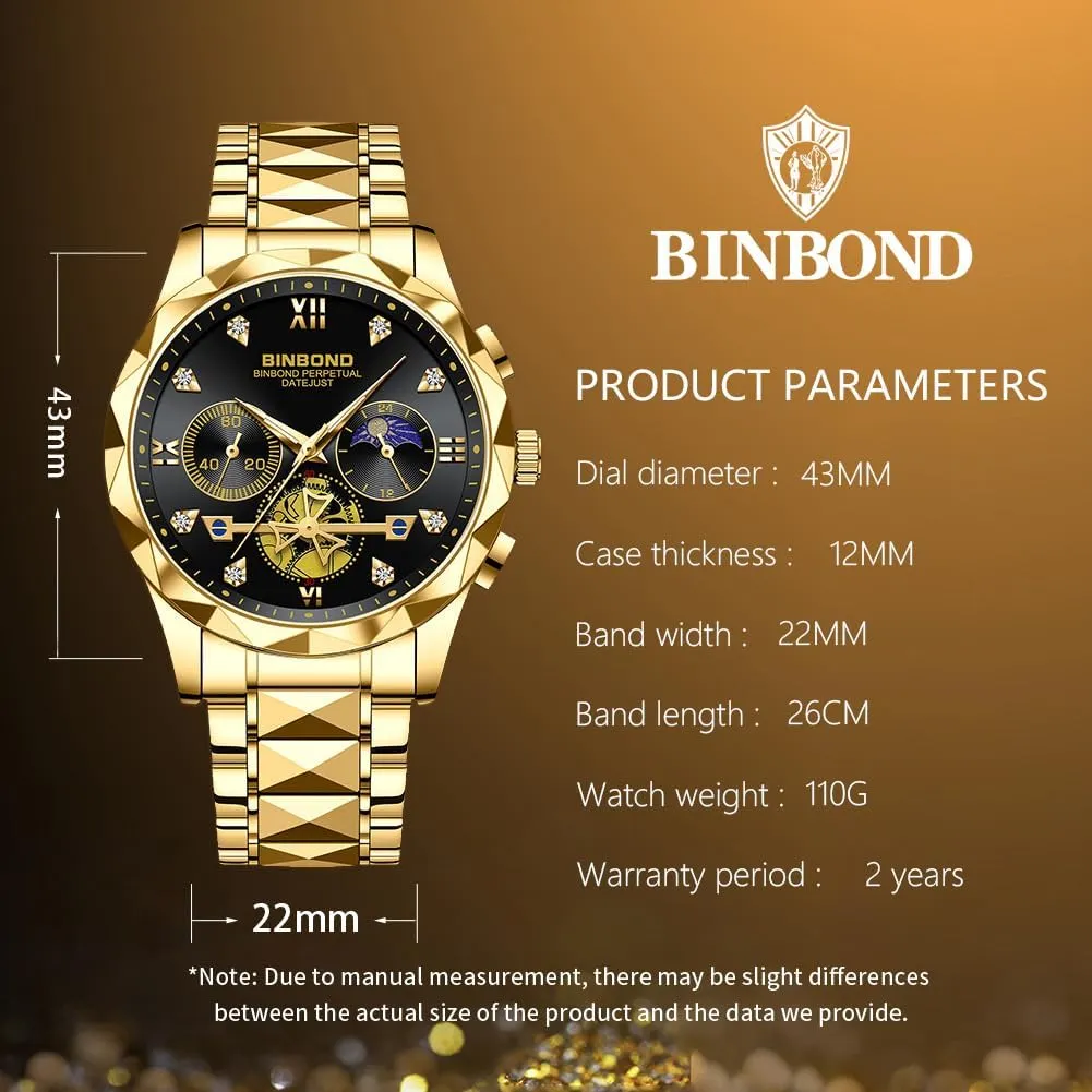 Watches for Men Stainless Steel Luxury Dress Business Diamond Roman Numeral Big Face Dial Multifunction Chronograph Mens Wrist Watch Waterproof Luminous
