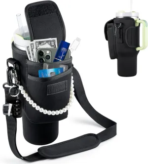 Water Bottle Carrier Bag Adjustable Neoprene Cup Holder Strap with Carabiner Clips -Sling Strap Water Bottle Carrier for Stanley 40oz Tumblers,Universal Fit for Backpacks,Bikes,Gym Bags(Black)