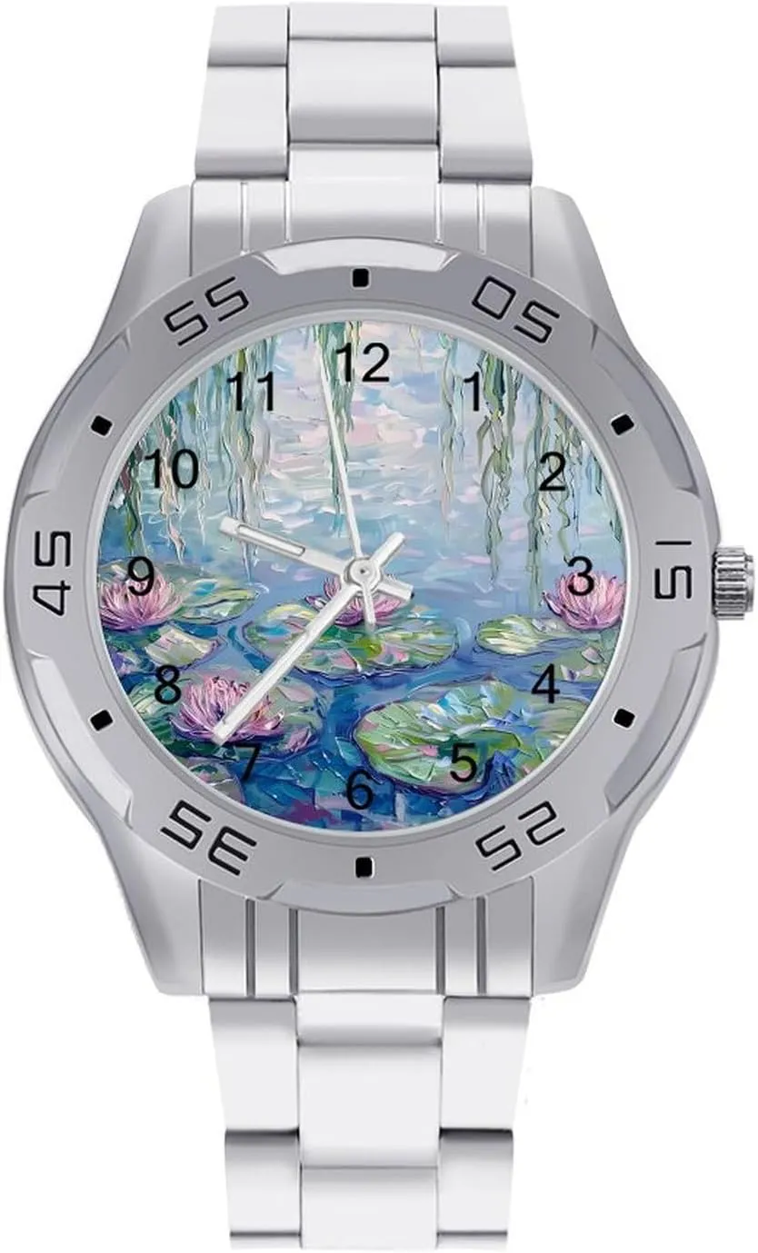 Water Lilies Lotues Weeping Willow Simple Stainless Steel Band Business Watch Dress Wrist Unique Luxury Work Casual Waterproof Watches