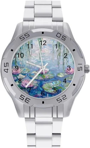 Water Lilies Lotues Weeping Willow Simple Stainless Steel Band Business Watch Dress Wrist Unique Luxury Work Casual Waterproof Watches