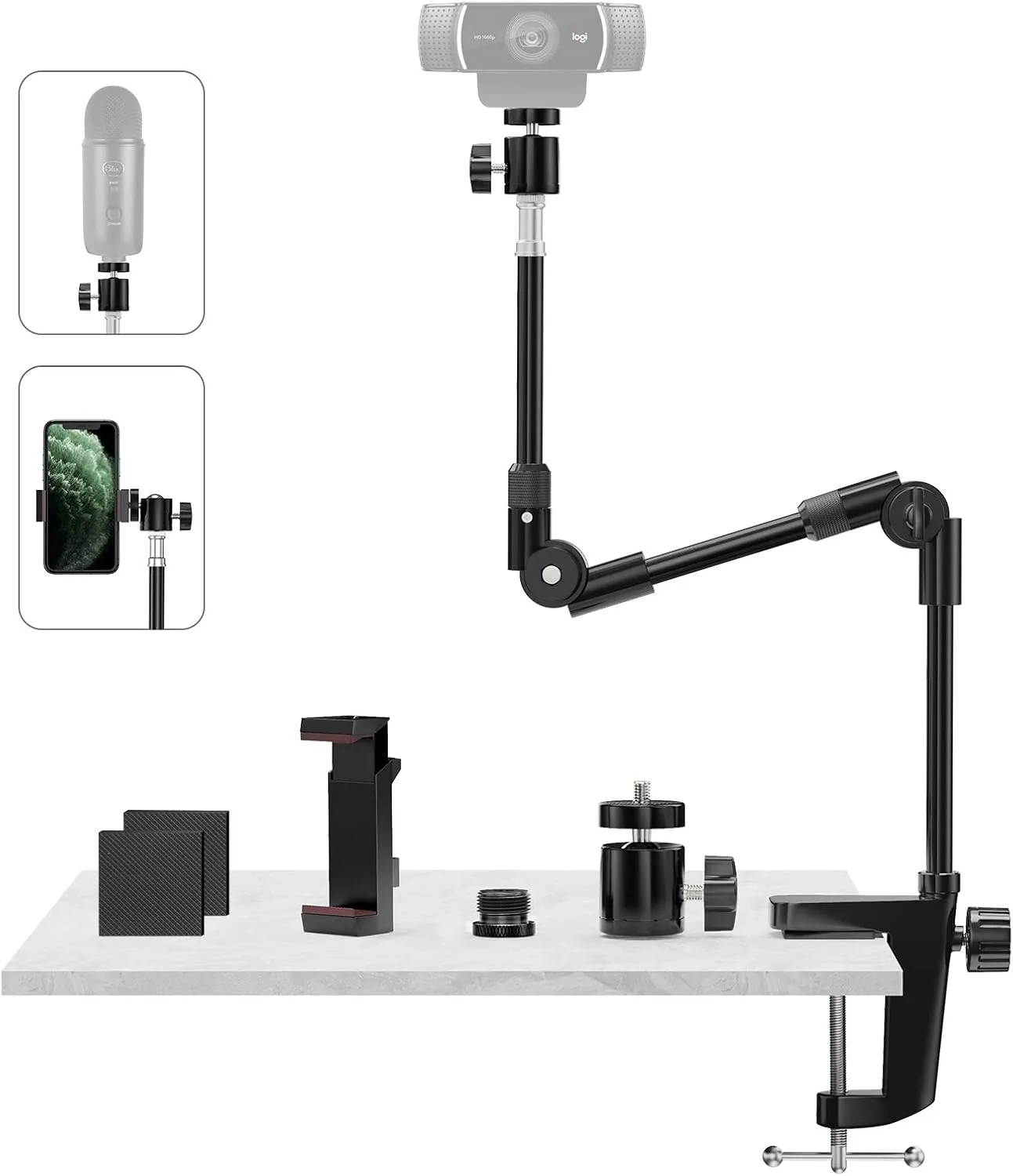 Webcam Stand Camera Mount with Phone Holder & 5/8" Screw, 25in Flexible Projector Stand Gooseneck Desk Mic Stand for Logitech C922 C930e C920 C615 C960 Brio 4K, GoPro, Blue Yeti Snowball Ice