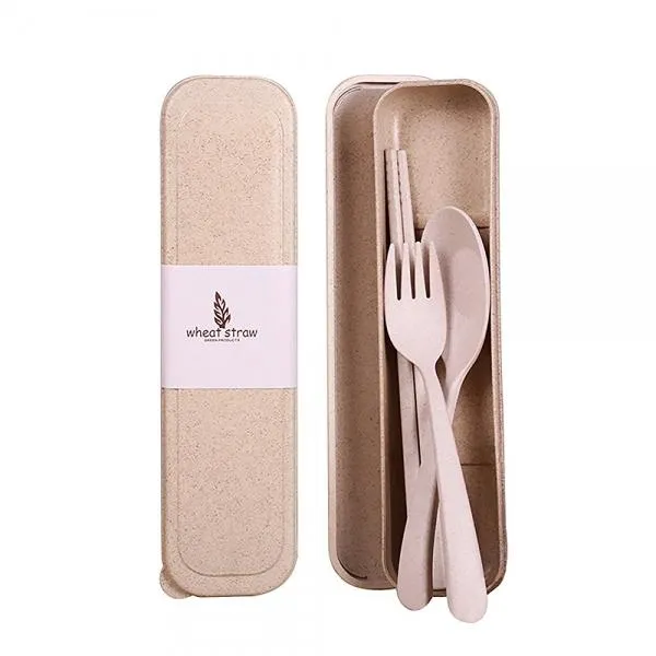 Wheat Straw Portable Camping Picnic Spoon Fork Chopsticks Set Flatware Beige