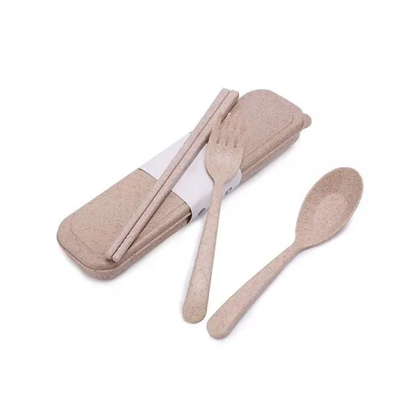 Wheat Straw Portable Camping Picnic Spoon Fork Chopsticks Set Flatware Beige