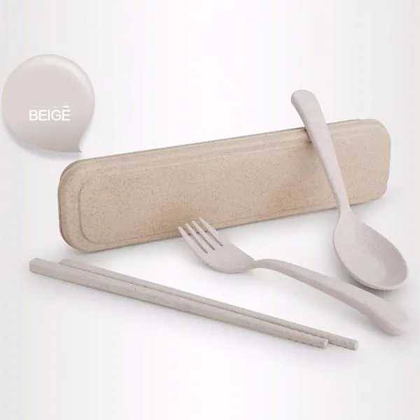 Wheat Straw Portable Camping Picnic Spoon Fork Chopsticks Set Flatware Beige