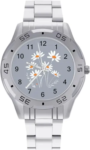 White Daisy Flower Simple Stainless Steel Band Business Watch Dress Wrist Unique Luxury Work Casual Waterproof Watches