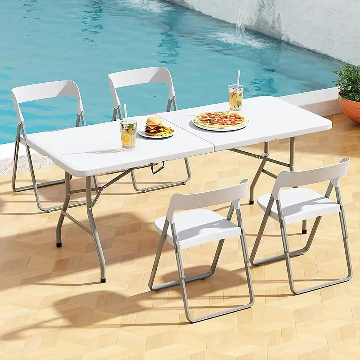 White Utility Table 6-Foot Folding Table with Fold-in-Half Feature, Sturdy Plastic Portable Table for Camping, Party, Backyard BBQ or Indoor Dining