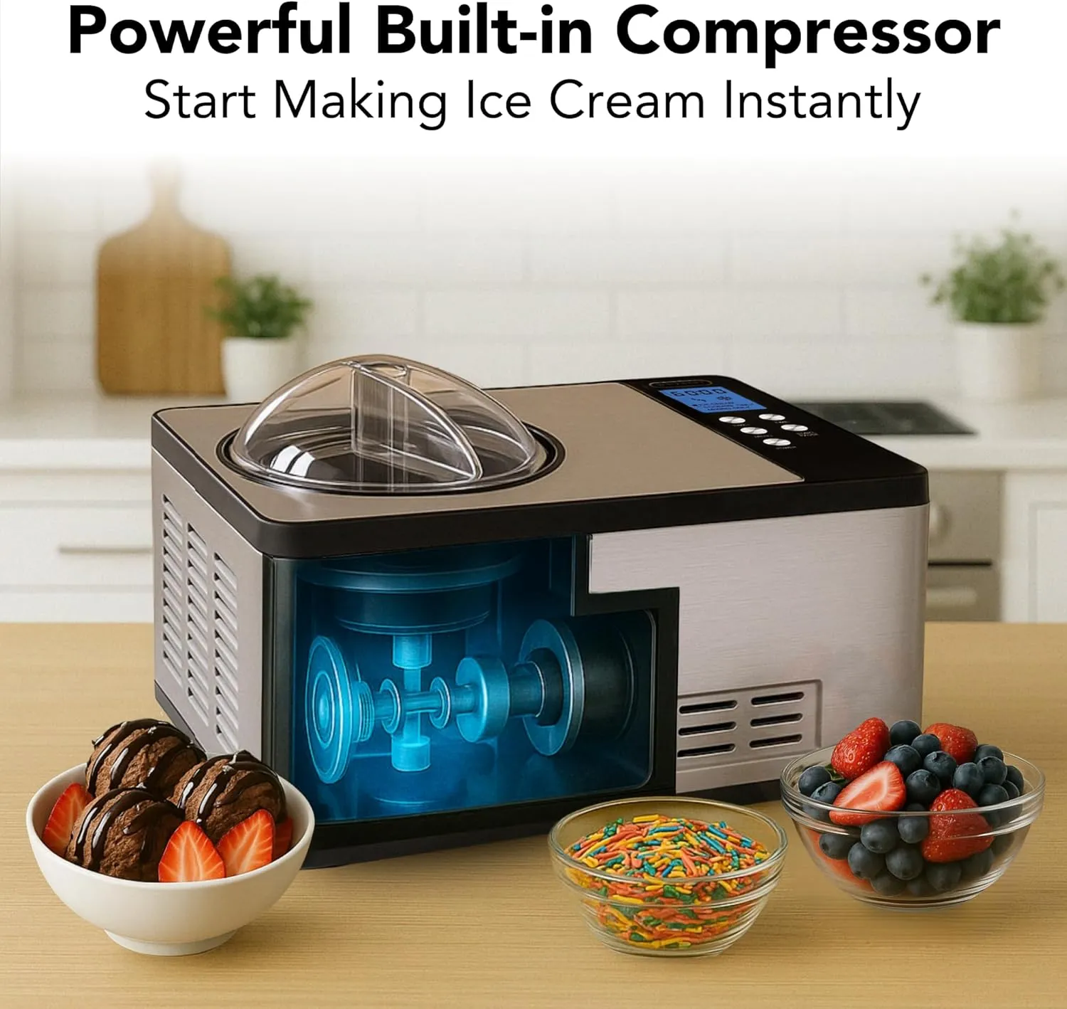 Whynter Ice Cream Maker Machine Automatic 2.1 Qt. with Built-In Compressor, LCD Digital Display & Timer, No Pre-Freezing, ICM-200LS, Stainless Steel