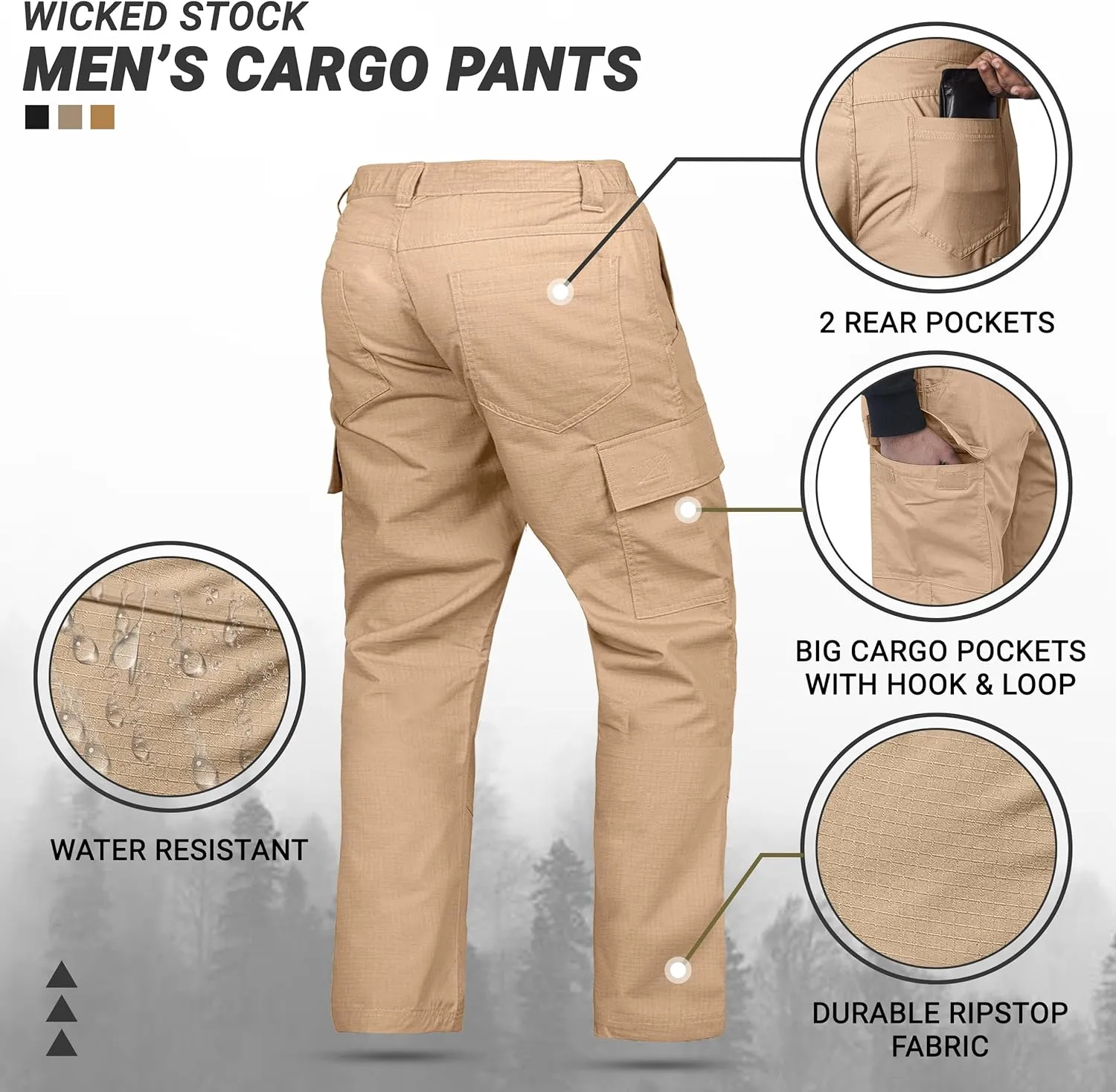 WICKED STOCK Ripstop Mens Cargo Pants - Durable Tactical Pants Stretch Waistband Multiple Pockets-Military Pants Outdoor Work