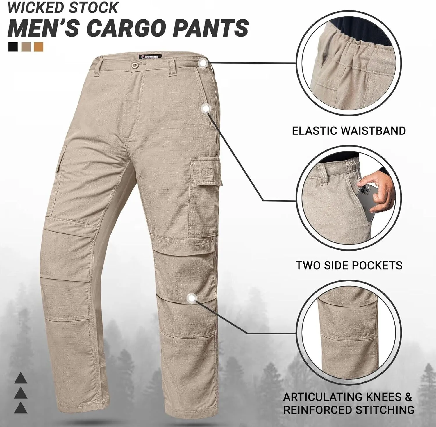 WICKED STOCK Ripstop Mens Cargo Pants - Durable Tactical Pants Stretch Waistband Multiple Pockets-Military Pants Outdoor Work