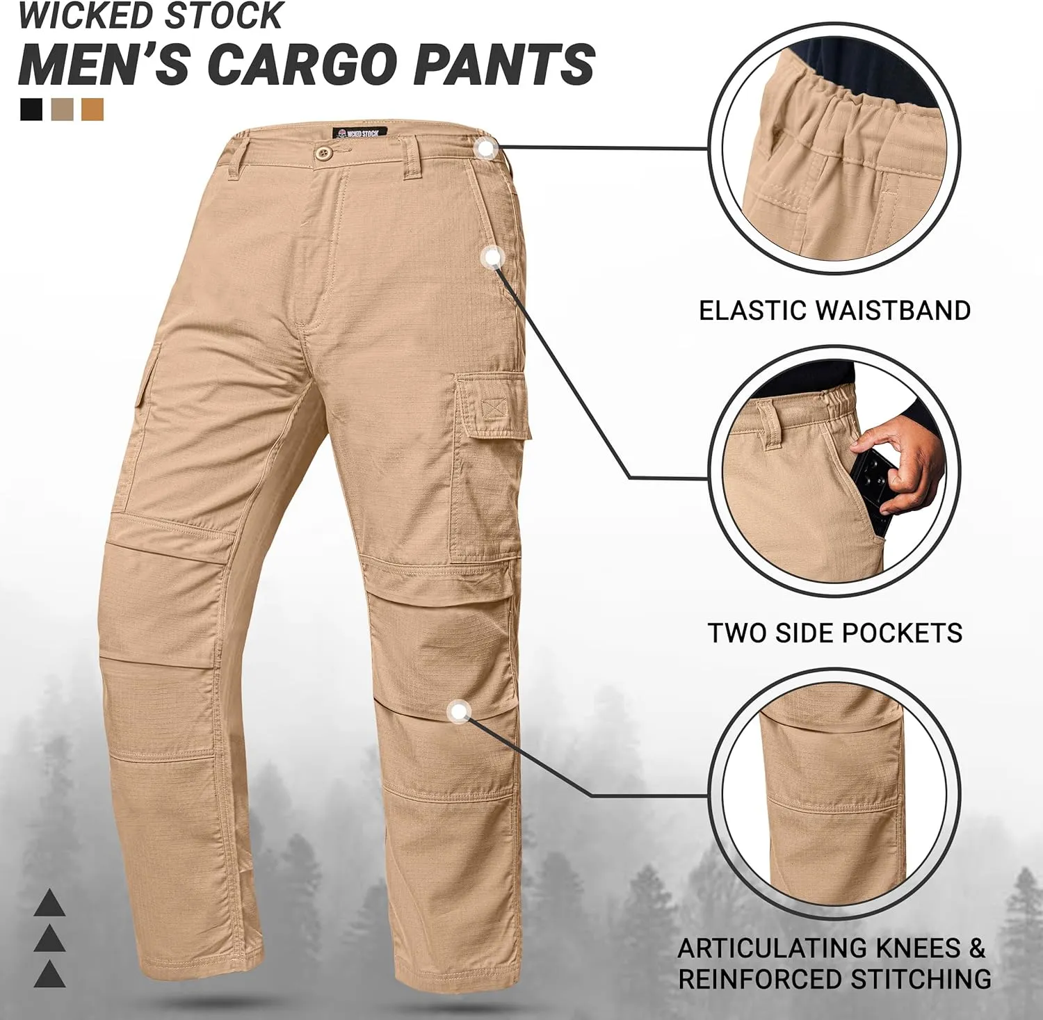 WICKED STOCK Ripstop Mens Cargo Pants - Durable Tactical Pants Stretch Waistband Multiple Pockets-Military Pants Outdoor Work