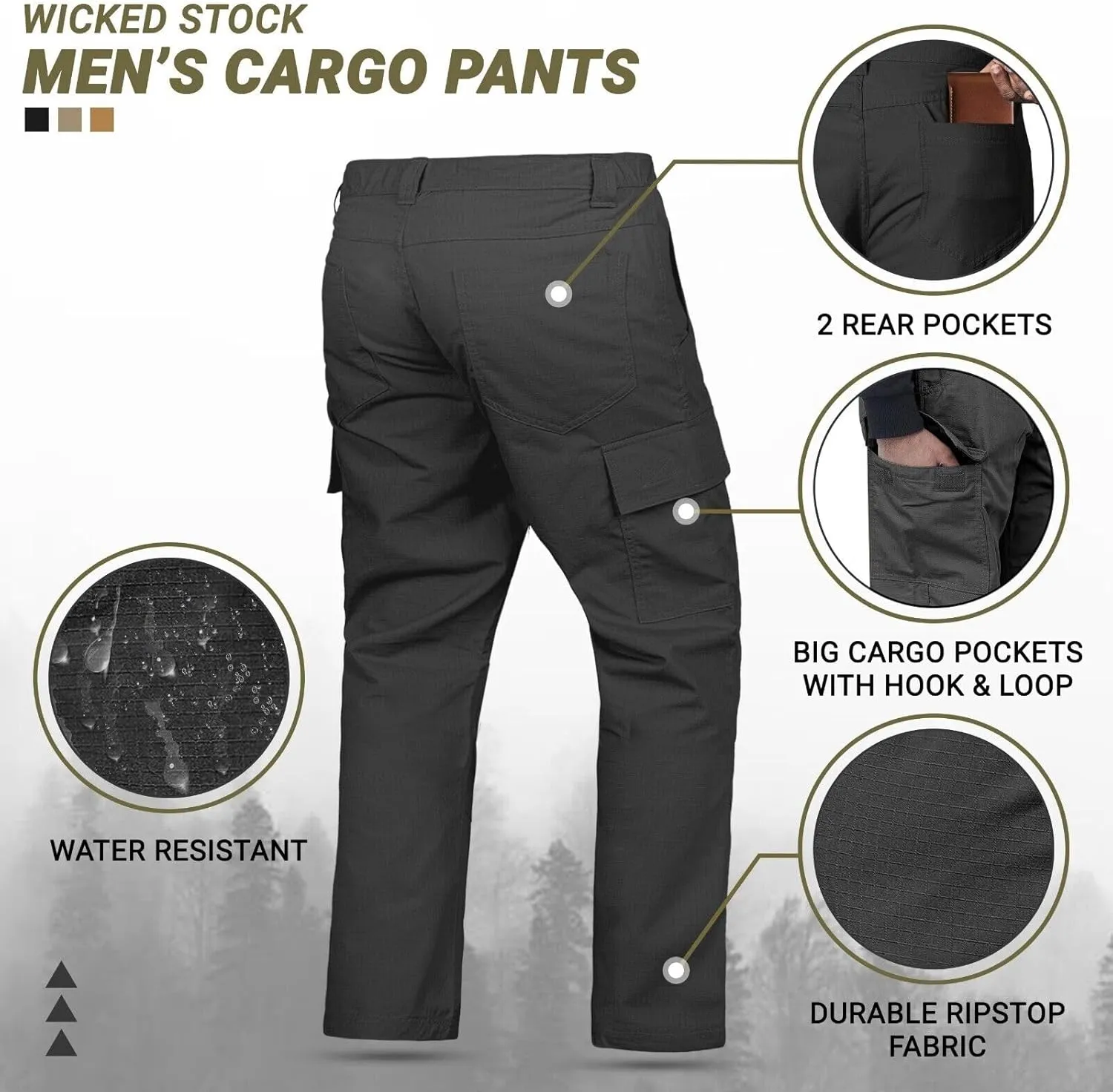 WICKED STOCK Ripstop Mens Cargo Pants - Durable Tactical Pants Stretch Waistband Multiple Pockets-Military Pants Outdoor Work