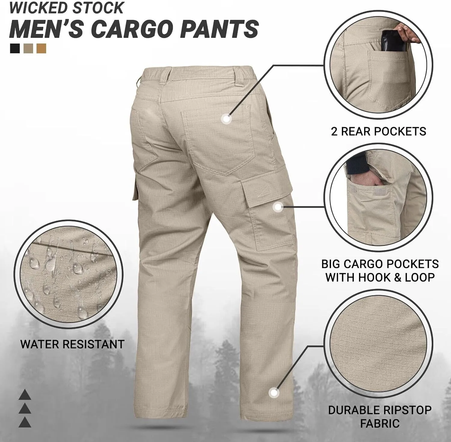 WICKED STOCK Ripstop Mens Cargo Pants - Durable Tactical Pants Stretch Waistband Multiple Pockets-Military Pants Outdoor Work