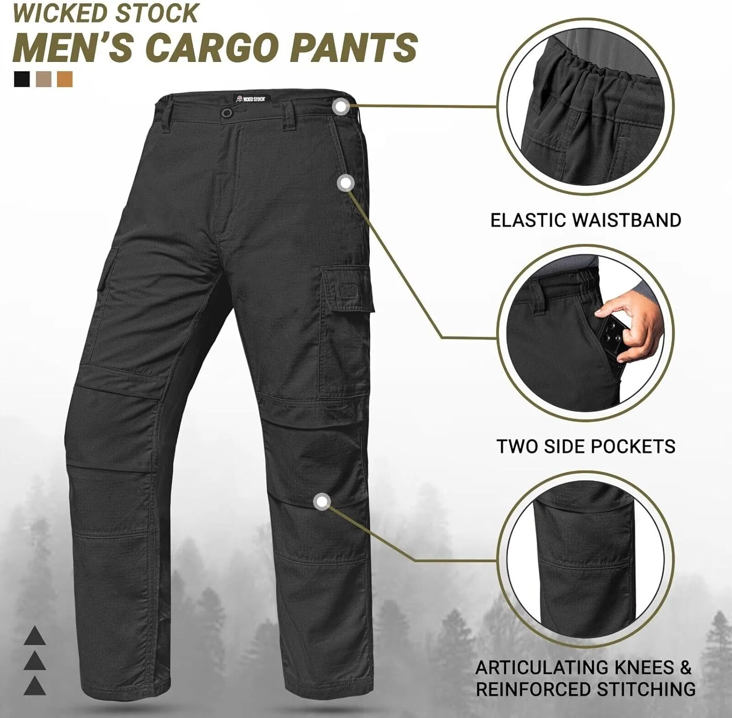 WICKED STOCK Ripstop Mens Cargo Pants - Durable Tactical Pants Stretch Waistband Multiple Pockets-Military Pants Outdoor Work