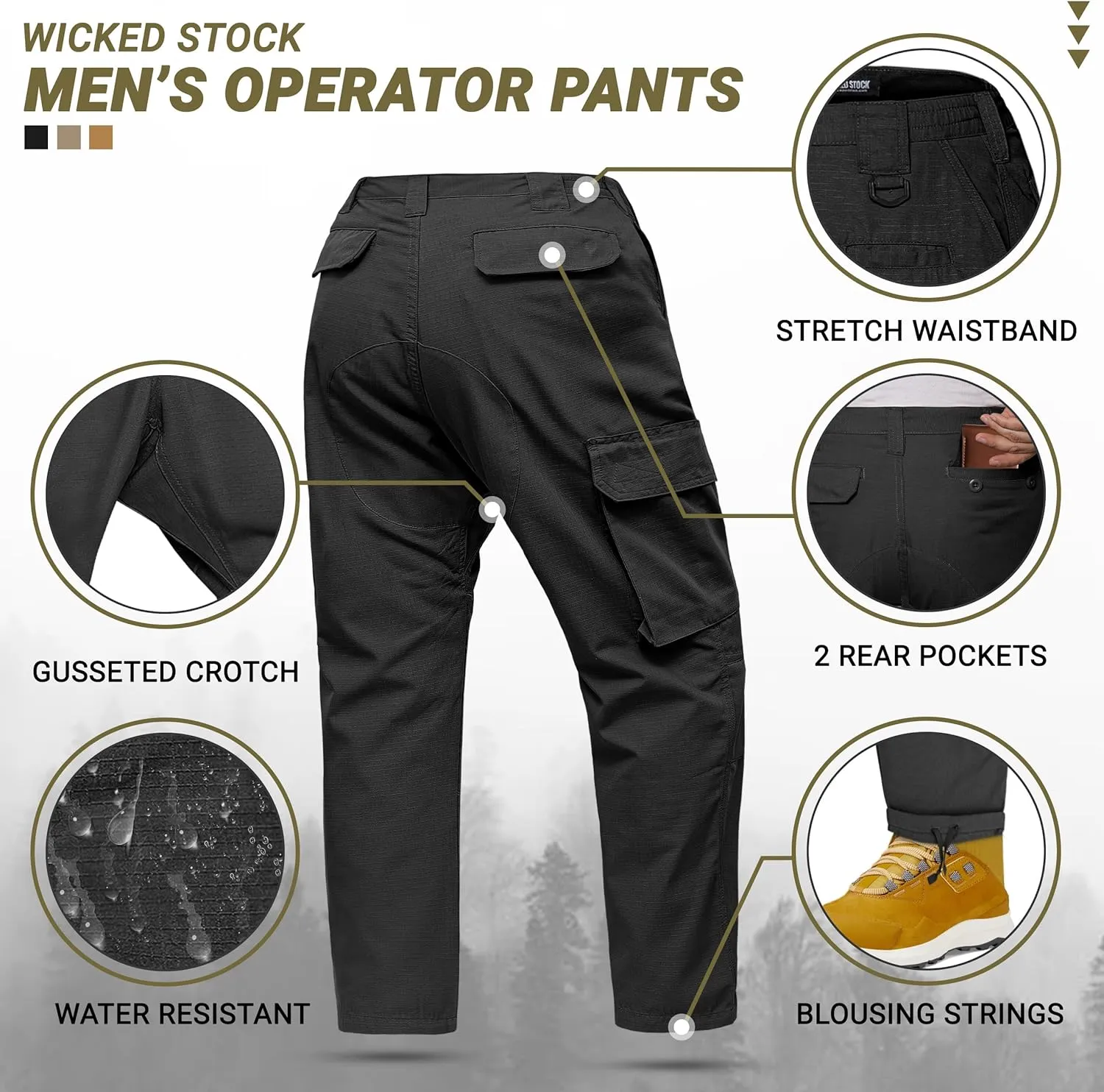 WICKED STOCK Ripstop Men's Operator Cargo Tactical Pants, Elastic Waist, Water Resistant Cargo Pants, Durable, Work Pants Men