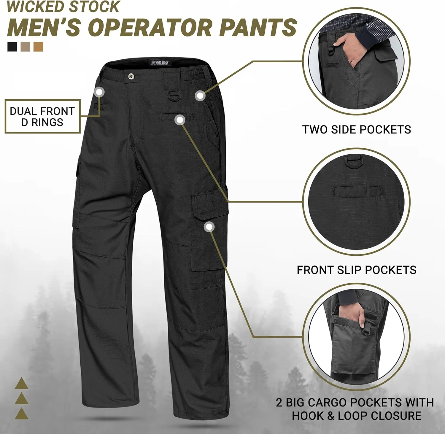 WICKED STOCK Ripstop Men's Operator Cargo Tactical Pants, Elastic Waist, Water Resistant Cargo Pants, Durable, Work Pants Men