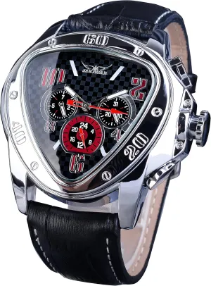 Winner Fashion Mechanical Wrist Watch Triangle Racing Dial, Waterproof Golden Skeleton Dial Automatic Movement Leather Design Mechanical Watch for Men