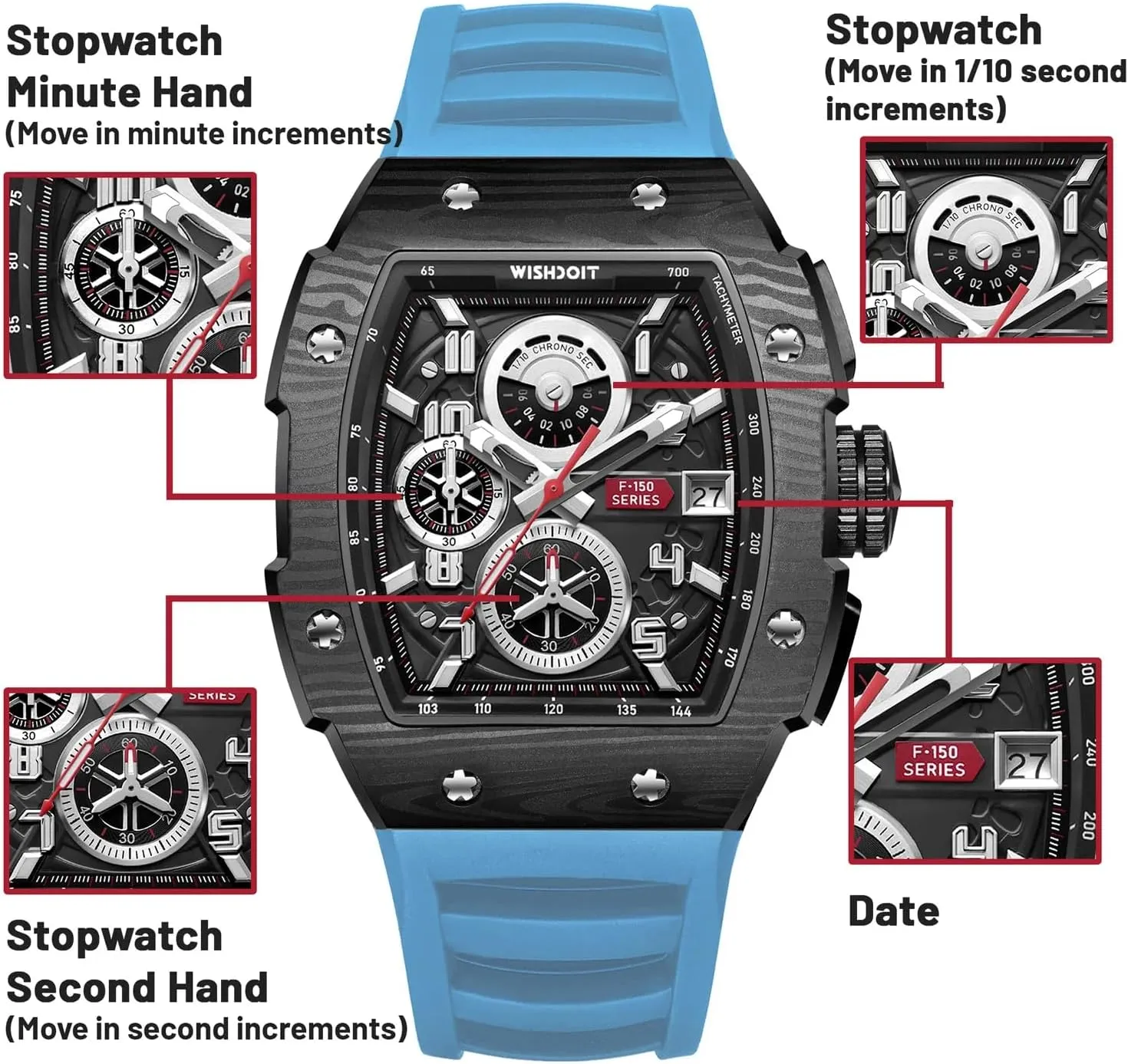 WISHDOIT Chronograph Multifunction Watch Men Luxury Tonneau Watch Calendar Date Luminous Waterproof Men Watch