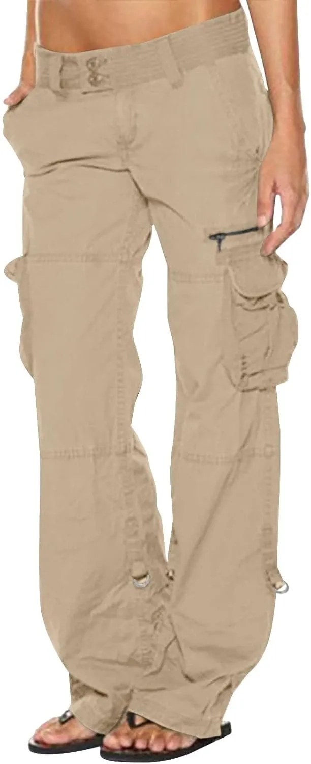 Womens Cotton Cargo Pants Tactical Active Loose Pockets Military Trouser Low Waist Plus Size Wide Leg Hiking Pants