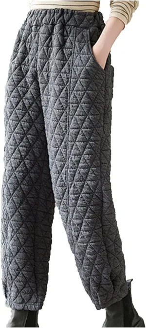 Womens Padded Quilted Sweat Pants Fall Winter Warm Casual Baggy Skinny Pants Solid Elastic Waist Lounge Trousers