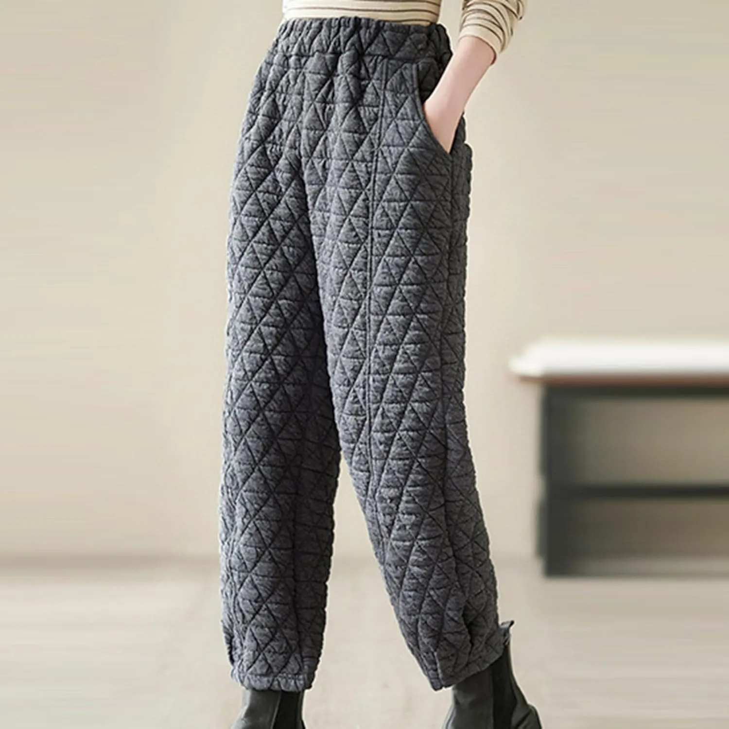 Womens Padded Quilted Sweat Pants Fall Winter Warm Casual Baggy Skinny Pants Solid Elastic Waist Lounge Trousers