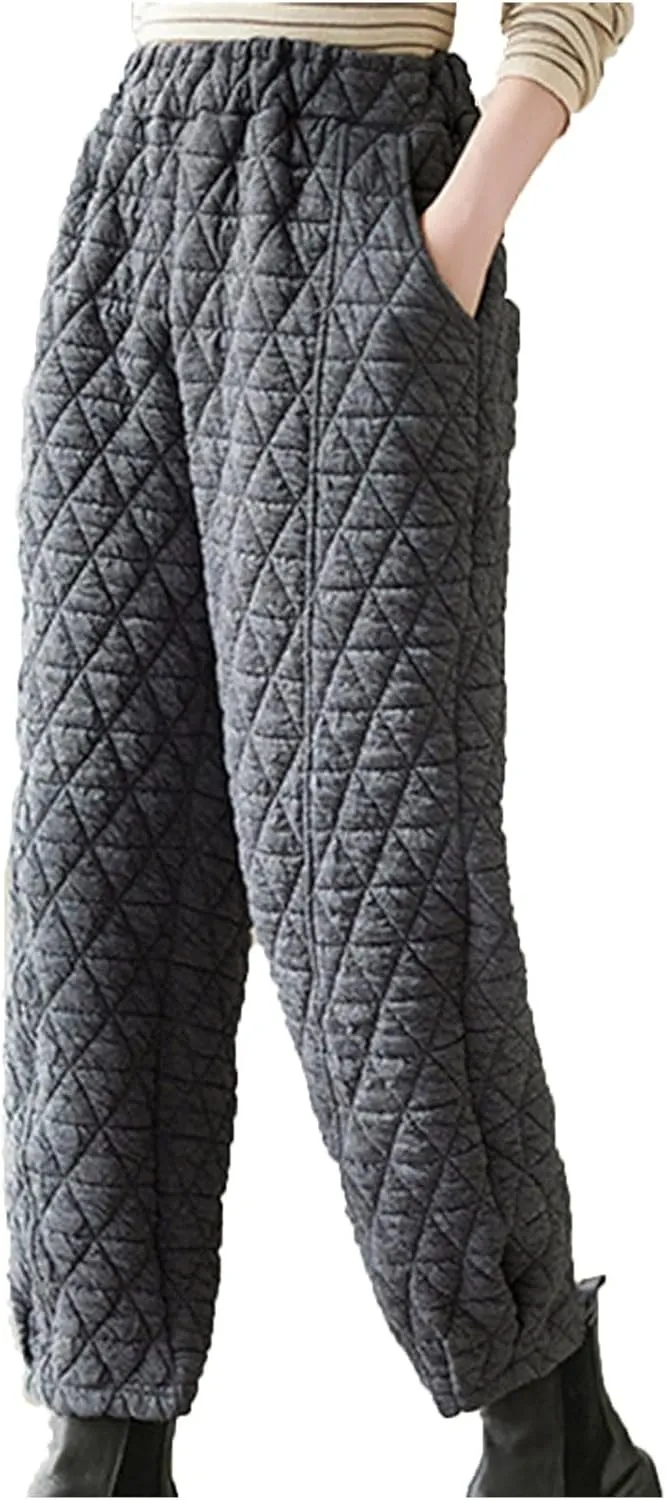 Womens Padded Quilted Sweat Pants Fall Winter Warm Casual Baggy Skinny Pants Solid Elastic Waist Lounge Trousers