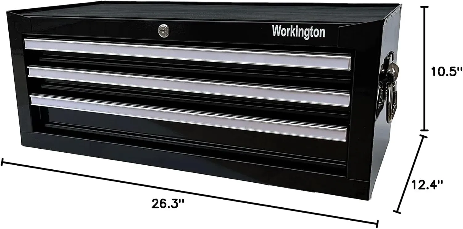 Workington Industrial 3 Drawers Portable Metal Intermediate Box, 26" Middle Tool Chest Cabinet with Ball Bearing Drawer Slides, Steel Tool Storage Box Organizer 4009 Black