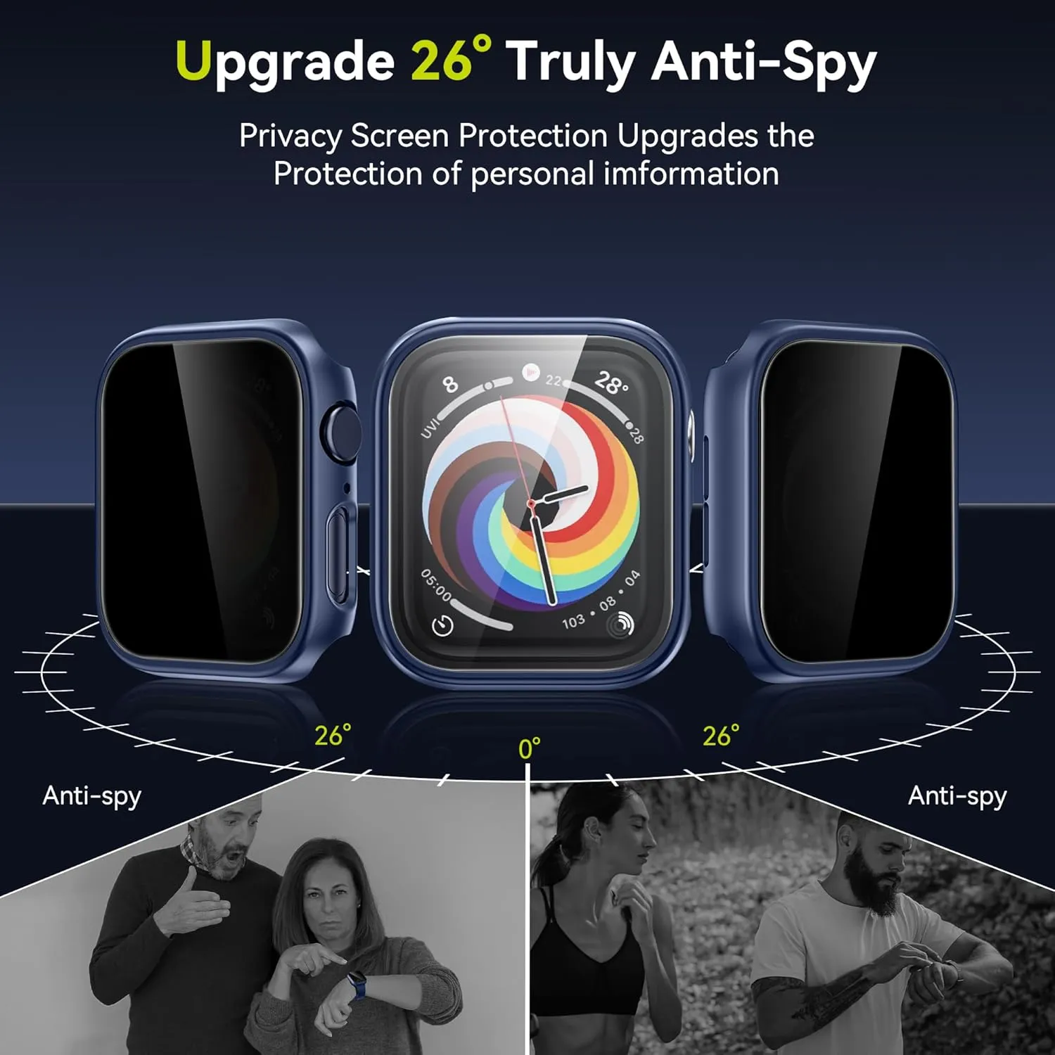 WSKEN 2 Pack Privacy Apple Watch Case 44mm for Series SE2 6 5 4 SE Screen Protector, [26 Degree Anti Spy] [Touch Sensitive] Ultra-Thin Glass Lightweight Cover Bumper for iWatch 6 5 4 SE 44mm,Blue