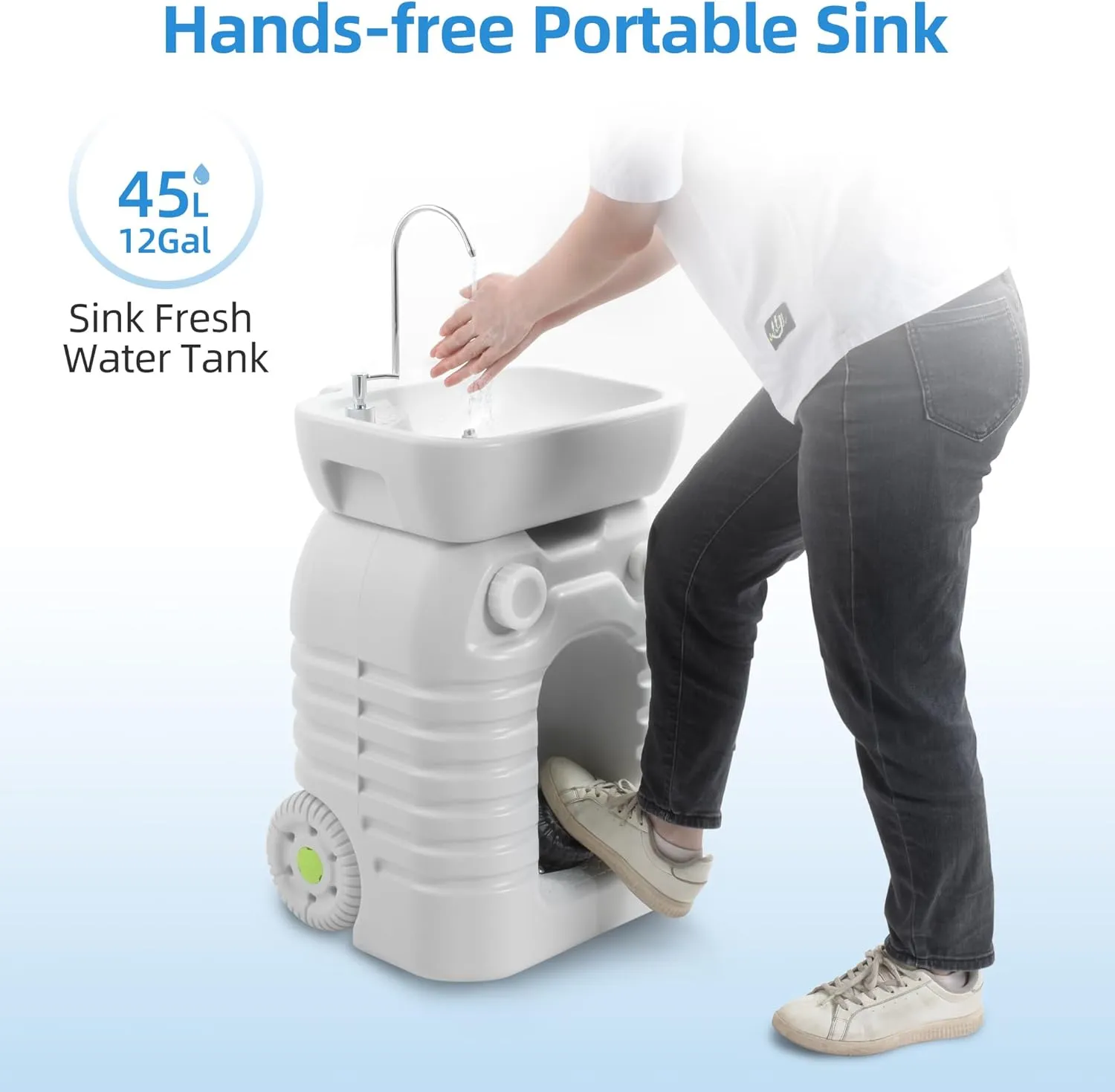 YITAHOME Portable Camping Sink, 45 L Handwashing Station with Adjustable Wash Basin, Soap Dispenser, Metal Handle, Large Wheels for Outdoor, Travel, Boat, Gather, Garden, Worksite, White