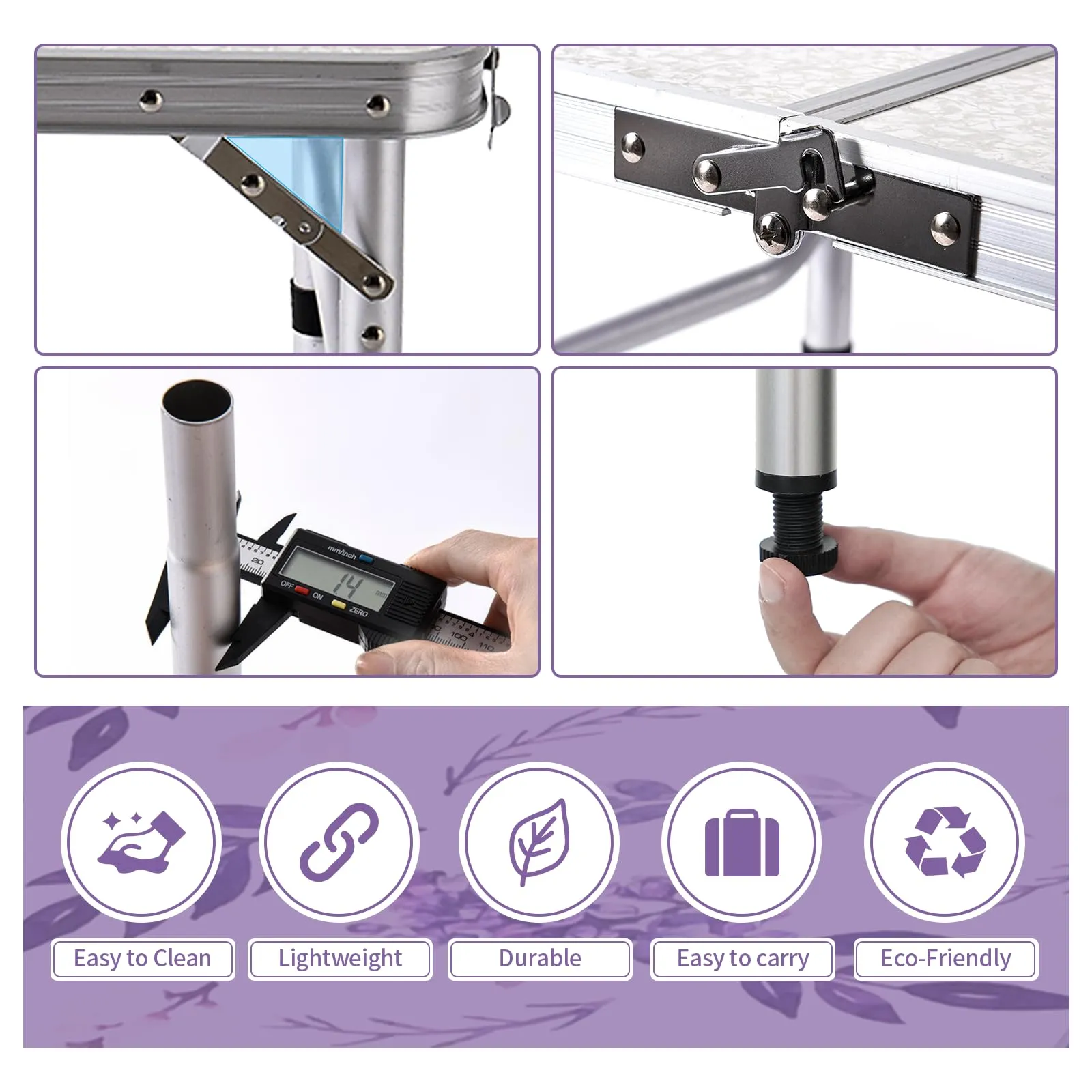 Yriuat Folding Camping Table 2ft Portable Pinic Table Adjustable Height Table Small Card Table Aluminum Foldable Lightweight with Carry Handle for Outdoor Indoor Hiking Camp BBQ Beach (Misty Lilac)