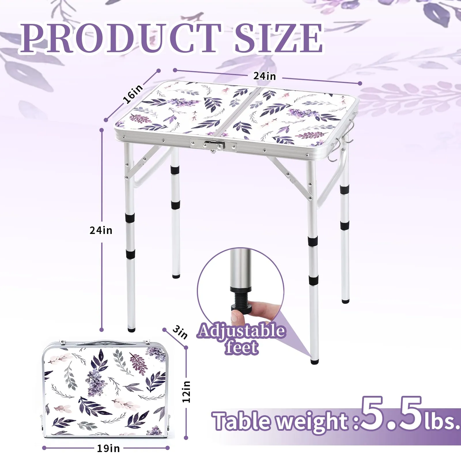 Yriuat Folding Camping Table 2ft Portable Pinic Table Adjustable Height Table Small Card Table Aluminum Foldable Lightweight with Carry Handle for Outdoor Indoor Hiking Camp BBQ Beach (Misty Lilac)