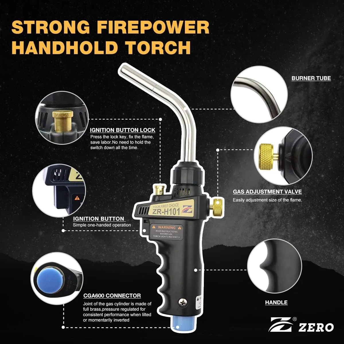 Zero ZR-H101 Trigger Start Propane Torch Head High Intensity Adjustable Flame Portable Nozzle,Compatible With Mapp,Propane,Map Pro Fuel